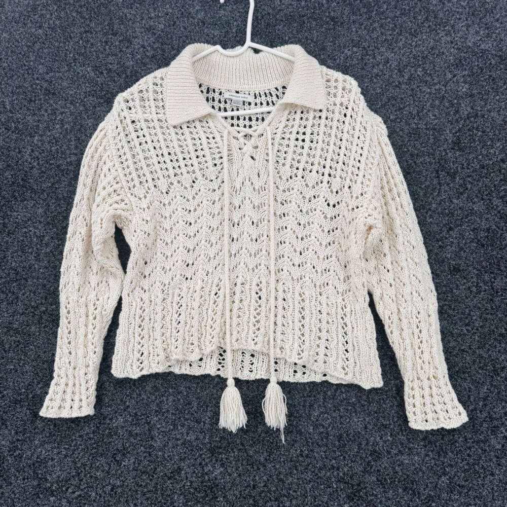 American Eagle Crochet Knit Sweater Cream Lace Up Tassel Polo Collar XS